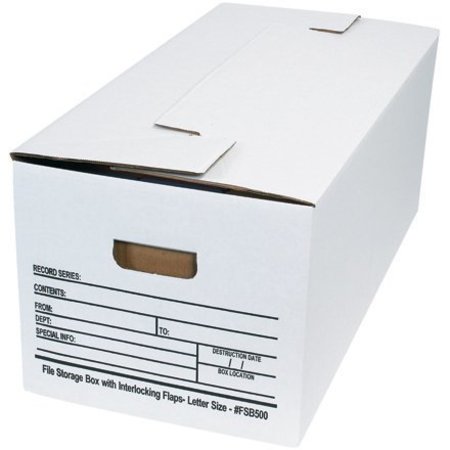 BOX PACKAGING Interlocking Flap File Storage Boxes, 24"L x 12"W x 10"H, White FSB500